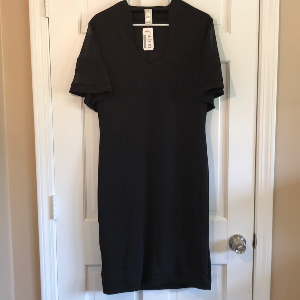 Short Sleeve Black Sheath Dress with Sheer Detail